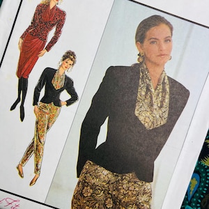 Molde de costura vintage estilo anos 90, tamanho 30,5-40 polegadas (busto não cortado), modelo 1828, para mulheres: Jaqueta com gola drapeada, Saia pareô, Calça afunilada.