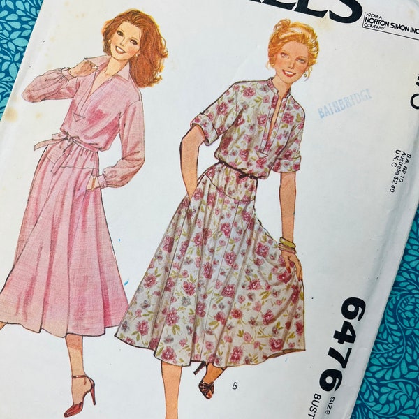 Bust 32.5" Vintage Uncut 70s McCalls Sewing Pattern 6476, Ladies Long Torso Pullover Dress, Blouson Midi Dress, Size 10