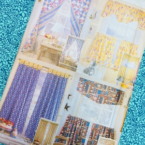 May include: A Butterick sewing pattern envelope featuring illustrations of various window curtain styles. Designs include floral patterns in blue and pink, yellow floral prints, and patriotic red, white, and blue star and stripe motifs.