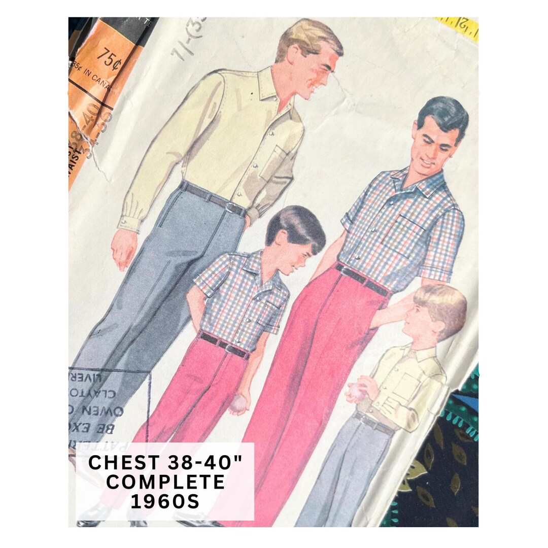 Chest 38-40" Vintage 1960s Mccalls Sewing Pattern 8653, Men’s Button-up