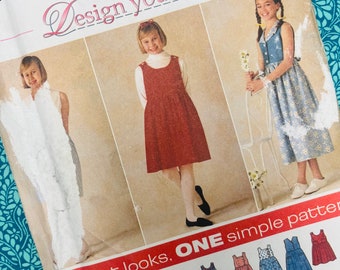Age 7-10 Uncut Vintage 90s Simplicity Sewing Pattern 7219, Design Your Own Girls Dress or Pinafore / Jumper, 9 Looks,