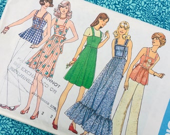 Bust 34-36" Uncut Vintage 70s Simplicity Sewing Pattern 6986, Ladies Pinafore Dress or Jumper Top, Full Length, Ruffle, Size 12 14
