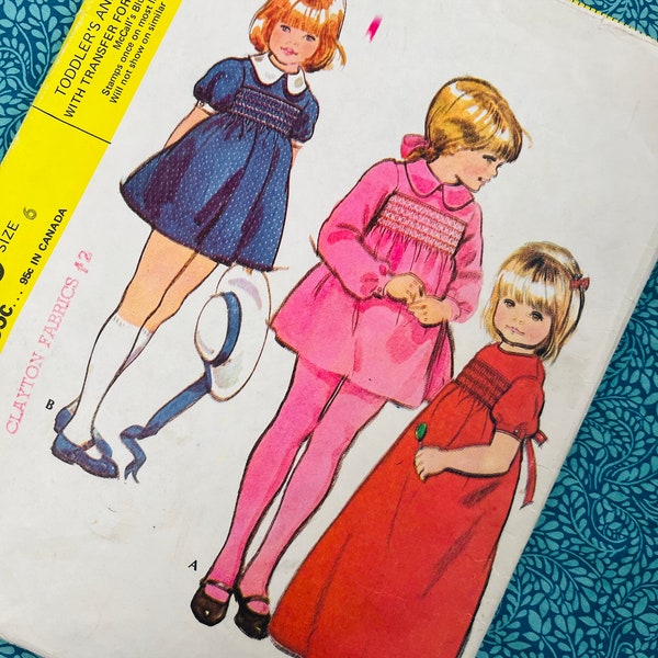 Age 6 Vintage 70s McCalls Sewing Pattern 3039, Toddlers and Child's Dress Pattern with Transfer for Smocking, Collar, Boho Style