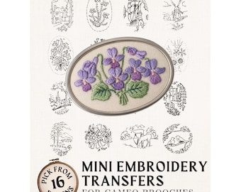 Mini Embroidery Transfers for Jewellery, Floral Vintage Cameo Brooch Iron-On Transfers
