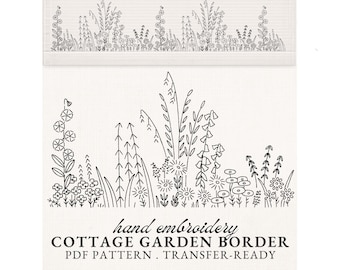 Vintage Cottage Garden Border Handstickerei Muster PDF, Zarte Wildblumenwiese, sich wiederholendes Motiv, transferfertig zum Sticken