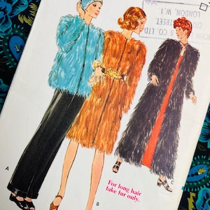 May include: A vintage sewing pattern featuring three women wearing fur coats. The pattern is for size 12, bust 34 inches. The text on the pattern reads "For long hair, fake fur only."