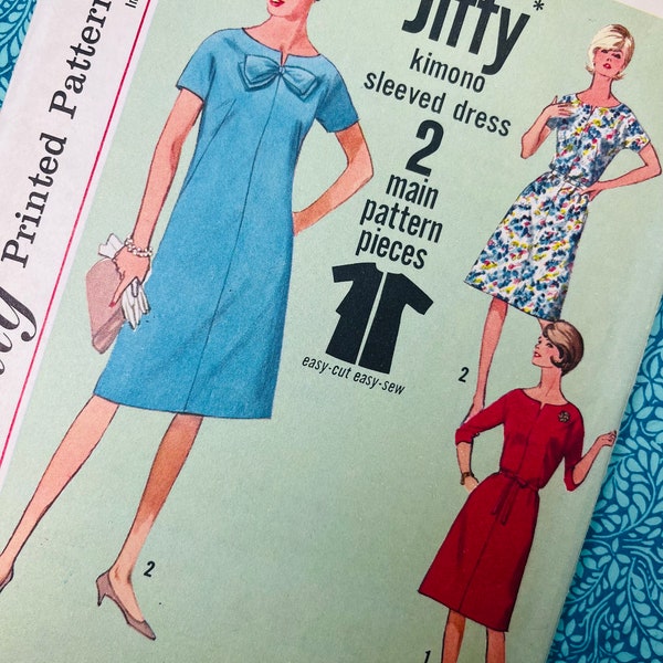Bust 35" Vintage 60s Simplicity Jiffy Sewing Pattern 5985, Ladies Kimono Sleeve Dress, Easy Dressmaking Pattern, Petite Height,