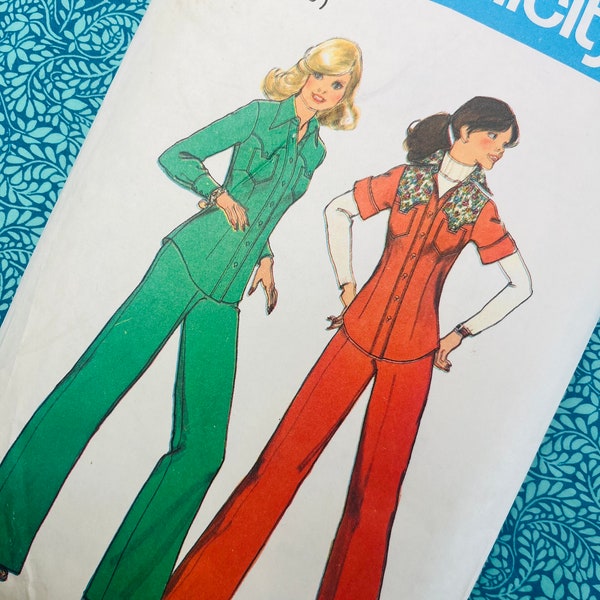 Bust 36" Vintage 70s Simplicity Sewing Pattern 7301, Ladies Shirt Jacket / Shacket and Wide Leg Pants Trousers, Size 14,