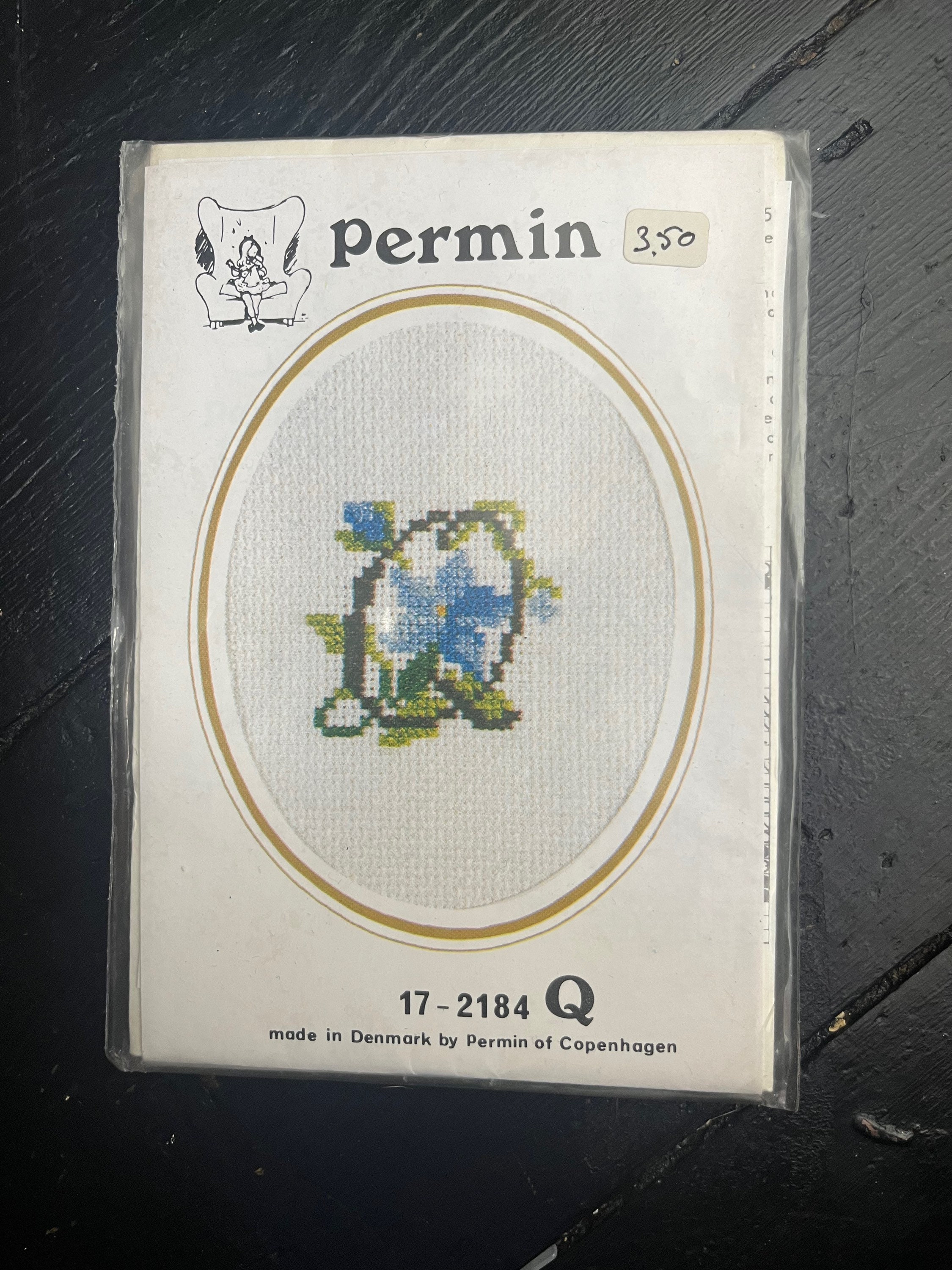 Vintage Permin of Copenhagen Counted Cross Stitch Kit for Greetings Card,  Floral Letter Monogram Q U 