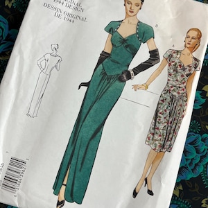 Mönster för aftonklänning från 1940-talet, byst 102-104 cm, oklippt Vogue-sömnadsmönster V2858, vintageklänning med sänkt midja och hjärtformad halsringning, storlek 18 20 22