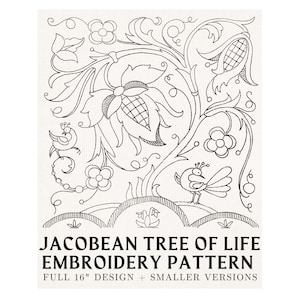 Könnte beinhalten: Schwarz-weiß Stickmuster mit einem stilisierten Blumendesign, Vögeln und dem Text "JACOBEAN TREE OF LIFE EMBROIDERY PATTERN". Das Design ist ein vollständiges 40,6 cm Muster mit kleineren Versionen.