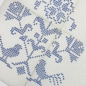 Könnte beinhalten: Ein hellbeiger Stoff mit einem dunkelblauen Kreuzstich-Stickmuster. Das Design besteht aus symmetrischen Blumenmotiven und stilisierten Vogelfiguren, die in einem sich wiederholenden Muster über die Oberfläche des Materials angeordnet sind.