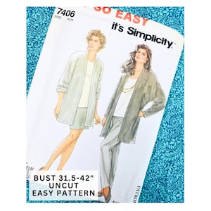 May include: Simplicity sewing pattern 7406, featuring illustrations of women's fashion. The pattern includes bust sizes 31.5-42 inches and is described as an easy, uncut pattern. The package has the text "SO EASY it's Simplicity."
