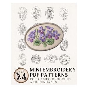 Könnte beinhalten: Ein Set von 24 Mini-Stickmustern im PDF-Format für Cameo-Broschen und Anhänger. Das Bild zeigt eine ovale Brosche mit gestickten lila Veilchen und grünen Blättern, umgeben von verschiedenen kleinen Schwarz-Weiß-Strichzeichnungen.