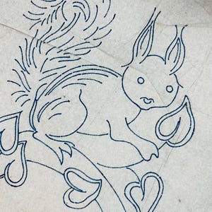 May include: A white paper transfer sheet featuring a dark blue dotted line illustration of a squirrel perched on a branch. The squirrel has a large, bushy tail and is surrounded by several heart-shaped outlines, all rendered in a dotted pattern.