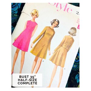 Half Size Dress Pattern, Bust 35" Vintage 70s Style Sewing Pattern for Women 2485, Back Button Detail Mod Dress, Size 12.5
