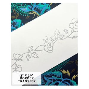 Vintage Border Embroidery Transfer by Briggs A1995, Floral Repeating Trim or Edging Iron On Pattern in Silver Ink, Rose and Rosebud
