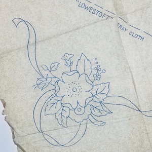 Vintage Embroidery Transfer by Old Bleach, Lowestoft Flower and Ribbon Corner Motif for Tablecloths, Napkins, Linens, Iron-On Pattern
