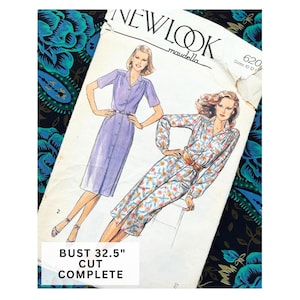 シャツドレスの型紙、バスト32.5インチ、1970年代のヴィンテージNew Look Maudella女性用ソーイングパターン6203、ボタンアップギャザードレス