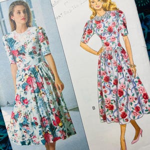 Bust 34-36" Vintage 1980s Butterick Expo Sewing Pattern for Women 5975, Drop Waist Puff Sleeve Dress,
