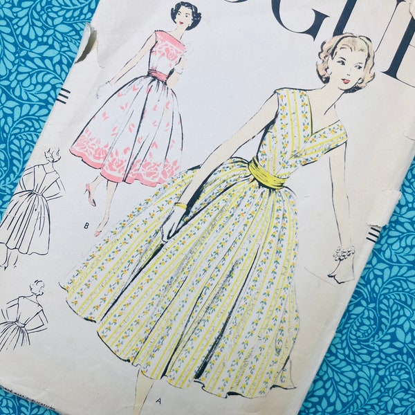 Bust 36" Vintage 50s Vogue Sewing Pattern 9124, One Piece Dress & Cummerbund, Size 16, Flared Skirt, V Neck, Fitted Bodice