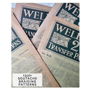 以下が含まれることがあります： 1930年代のヴィンテージスータッシュ編みパターン。画像には、「WELL」や「TRANSFER PAPER」の文字を含むテキストとイラストが描かれた、セピア色の紙がいくつか写っています。紙はわずかに傾いています。