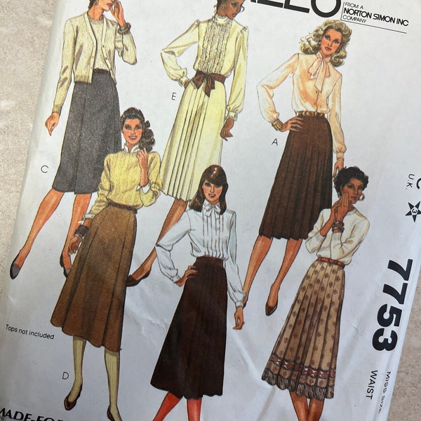 Vintage 80s McCalls Sewing Pattern 7753, Ladies Midi Skirt Pattern, Pleated SKirt, A Line Skirt, Size 16, Waist 30 Inches