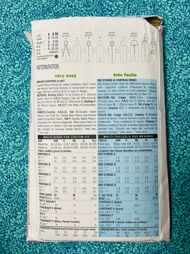 Infant Vintage Butterick Sewing Pattern 5091, Infant Bunting, Snowsuit ...