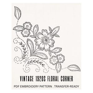 Vintage 1920s Floral Tablecloth Corner Hand Embroidery Pattern PDF – 8” Floral Border Motif, Transfer-Ready Line Art, Instant Download