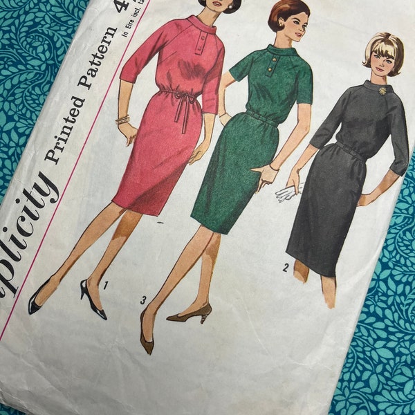 Bust 34" Vintage 60s Simplicity Sewing Pattern 5575, Ladies Bias Roll Collar, Raglan Sleeve Dress, Size 14 MISSING BELT