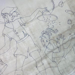 Transferência de bordado vintage para ferro de passar da Stitchcraft 642, cena engraçada de piquenique com trocadilho, "Abelha no seu chapéu", detalhes de aplique, design grande