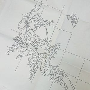 Vintage Iron on Hand Embroidery Transfer by Deightons W2679, Wildflower Corner Design with Butterfly, Floral, Grid