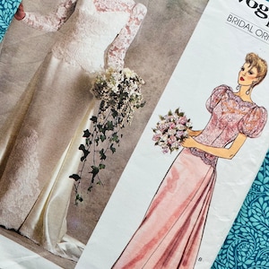Bust 36&quot; Vintage 80s Vogue Sewing Pattern 1829,  Bridal Original Romantic Wedding Dress with Lace Detail and Optional Train Size 14