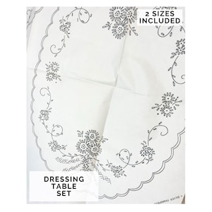 Vintage Iron On Hand Embroidery Transfer by Deightons U3435, Lazy Daisy Dressing Set with Scalloped Edge, Cheval Set, Scrolling Design