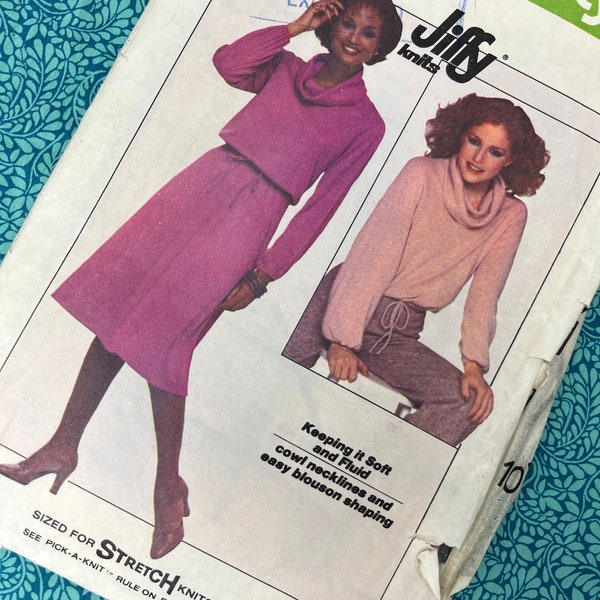 Bust 32.5-34" Vintage 70s Simplicity Jiffy Knits Sewing Pattern 8162, Cowl Neck Top and Skirt, Drawstring, Size 10 12