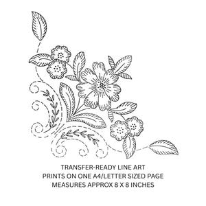 K&ouml;nnte beinhalten: Schwarz-wei&szlig;es Blumen-Linienkunst-Design mit Bl&auml;ttern und Bl&uuml;ten. Das Design ist transferfertig und wird auf einer A4/Letter-Seite gedruckt, mit einer Gr&ouml;&szlig;e von ca. 20 x 20 cm.