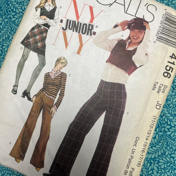 Age 11-18 McCalls NY Junior Sewing Pattern 4156, Y2K 00s Top, Skirt and Flared Pants