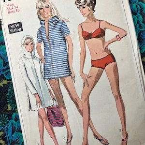 May include: A vintage Simplicity 7594 sewing pattern envelope featuring illustrations of three outfits: a white hooded zip-up jacket, a blue and white striped zip-front dress, and a red two-piece bikini. The text includes Miss Size 14, Bust 36.
