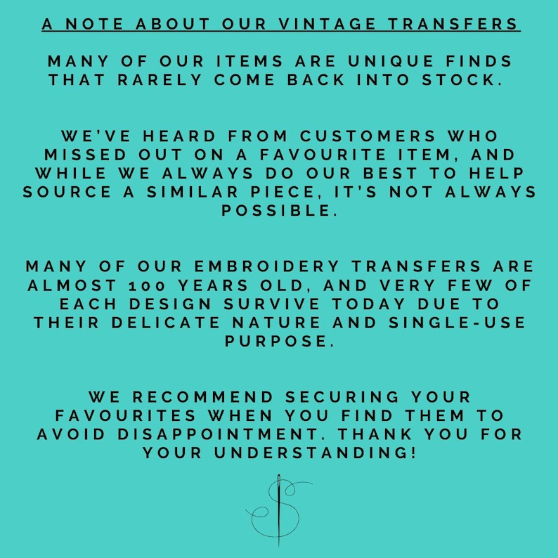 a blue poster with the words, a note about vintage transferers