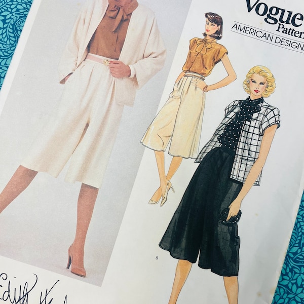 Bust 32.5" Uncut Vintage 80s Vogue American Designer pattern 2905 Edith Head Sewing Pattern, Ladies Culottes, Jacket and Blouse Size 10