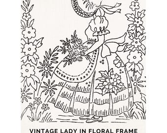 Vintage Crinoline Lady Floral Frame Hand Embroidery Pattern PDF, Victorian Garden Woman Design, Transfer-Ready Printable Line Art, 9" Hoop