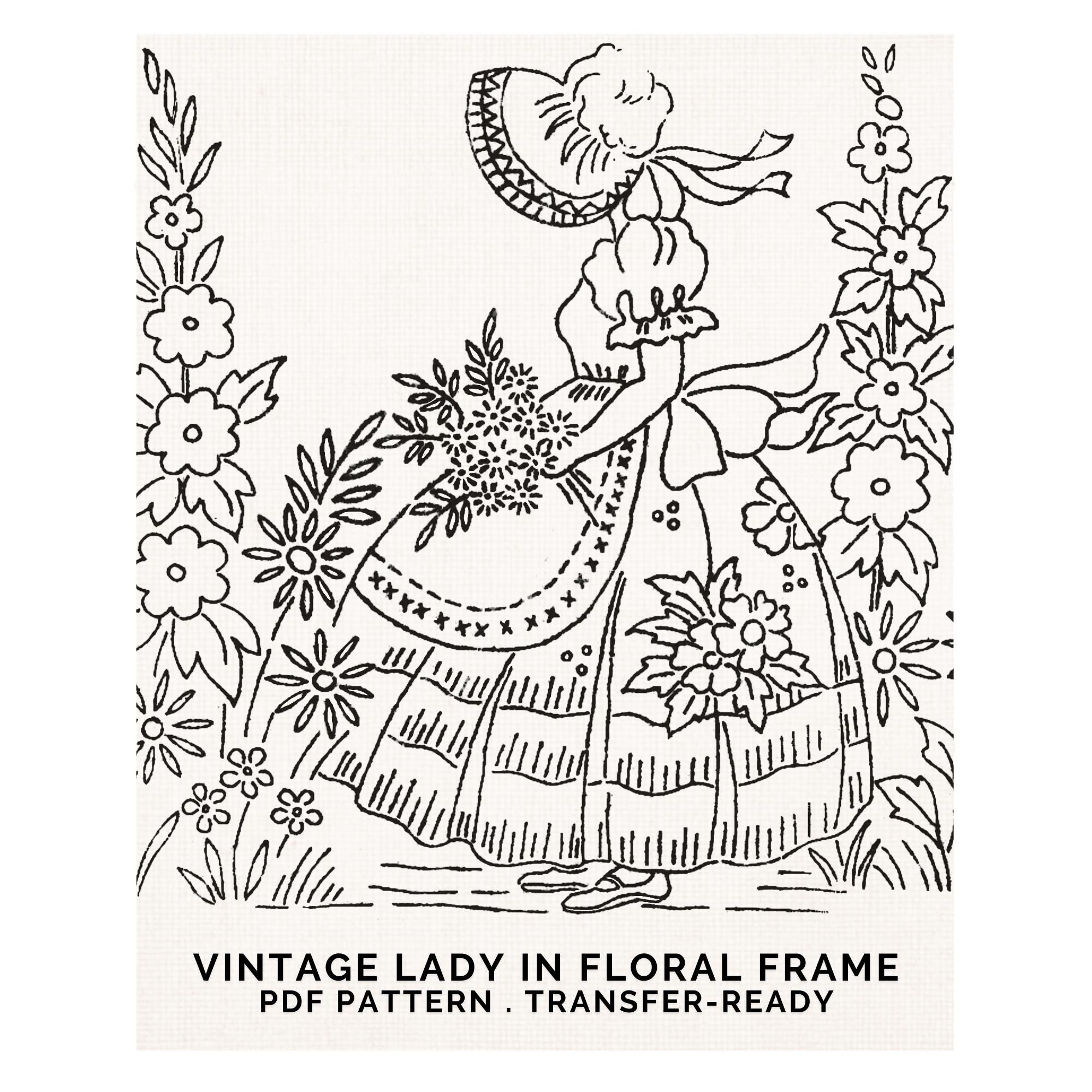 Vintage Crinoline Lady Floral Frame Hand Embroidery Pattern PDF ...