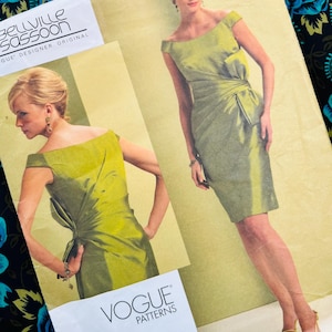 Bust 34-40&quot; Uncut Vogue Sewing Pattern V1108 Bellville Sassoon Designer, Romantic, Wide Neckline, Fitted Dress with Bow, Gathered, Hourglass