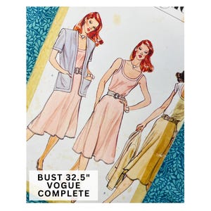 May include: Vintage Vogue sewing pattern featuring illustrations of women's dresses and jackets. The pattern includes a bust size of 32.5 inches. The design features a light pink dress, a light blue jacket, and a beige jacket.