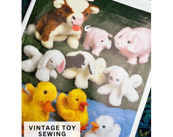 Patron de couture animaux de la ferme vintage des années 1980 - peluches - vache mouton cochon poulet âne - artisanat de décoration de chambre d'enfant