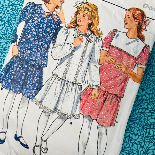 Age 7-8 Vintage 80s Butterick 4323 Sewing Pattern, Girls Drop Waist Dress with Bib, Frill, Puff Sleeve, Lace,