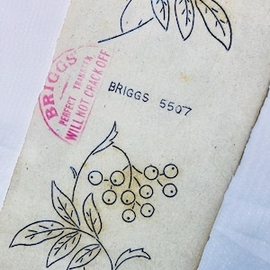 Könnte beinhalten: Vintage Briggs Perfect Transfer Musterbogen. Der Bogen zeigt schwarze Strichzeichnungen von botanischen Elementen, darunter Blätter und Beeren. Der Bogen ist mit dem Briggs-Logo und dem Text "Perfect Transfer Will Not Crack Off" versehen. Die Nummer 5507 ist ebenfalls aufgedruckt.