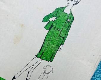 Bust 38" Vintage 60s The People Pattern Service Sewing Pattern 951, Dart Fitted Dress and Shawl Collar Jacket, Size 14,