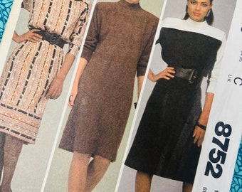 Bust 34" Vintage 80s Easy McCalls Sewing Pattern 8752, Ladies Dress with Mock Neck, Shoulder Pads, Structured Dress, Below Knee UK 12