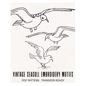 Vintage des années 1930, motif de broderie à la main mouette PDF - Motifs d'oiseaux côtiers, dessin au trait prêt pour le transfert, téléchargement immédiat,